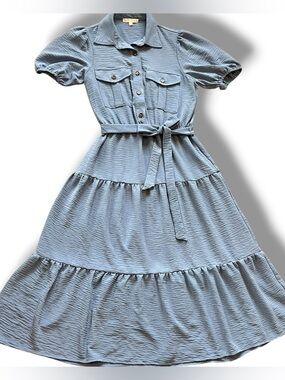 Moon Maven Tiered Midi Dress Sm Powder Dusty Blue Lagenlook Prairie Cottagecore